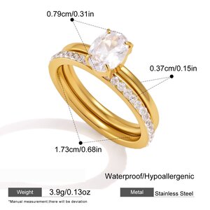 Luxurious Ellipse Shape Stainless Steel Waterproof Gold Color Rhinestone Zircon Women's Gemstone Rings h5