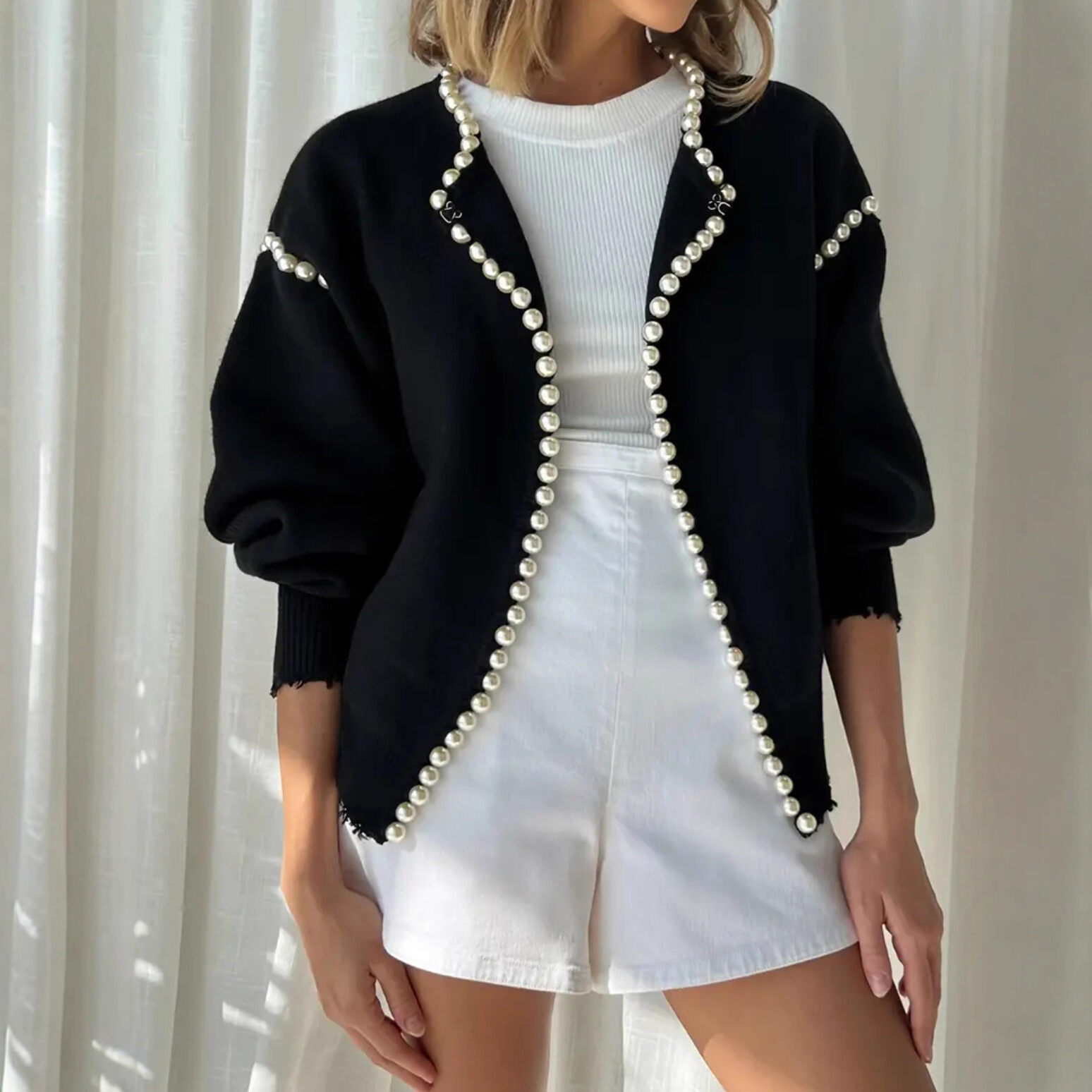 Elegant Solid Color Beaded Straight Crew Neck  Sweater With Pearl Trim Knit Cardigan