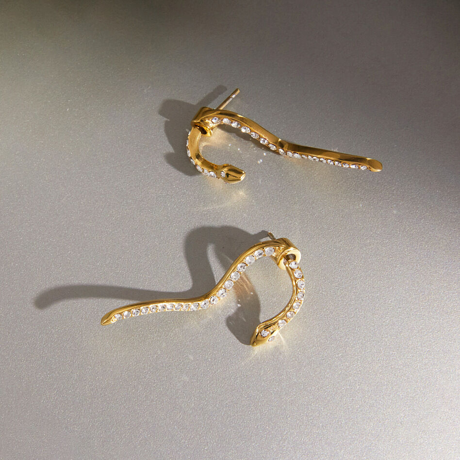Orecchini A Perno Da Donna A Forma Di Serpente In Acciaio Inossidabile, Impermeabili, Color Oro, Con Strass. Immagine4