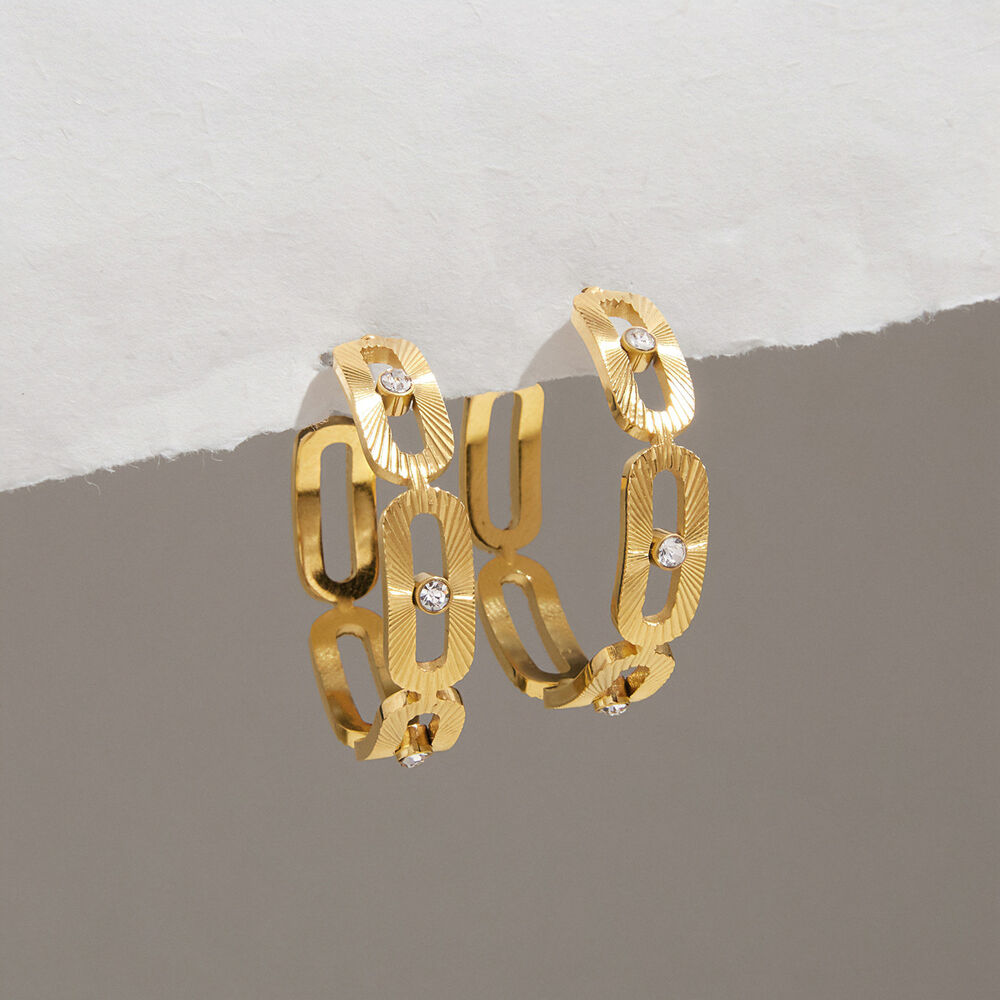 Hollowed-Out Geometric Shape Stainless Steel Waterproof Gold Color Rhinestone Women's Stud Earrings h5Picture4