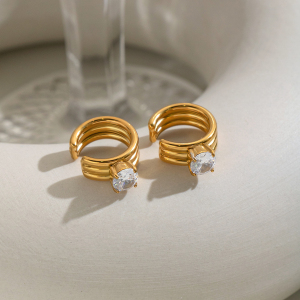C-Shape Stainless Steel Waterproof Gold Color Zircon Women's Ear Cuffs h5 Picture4