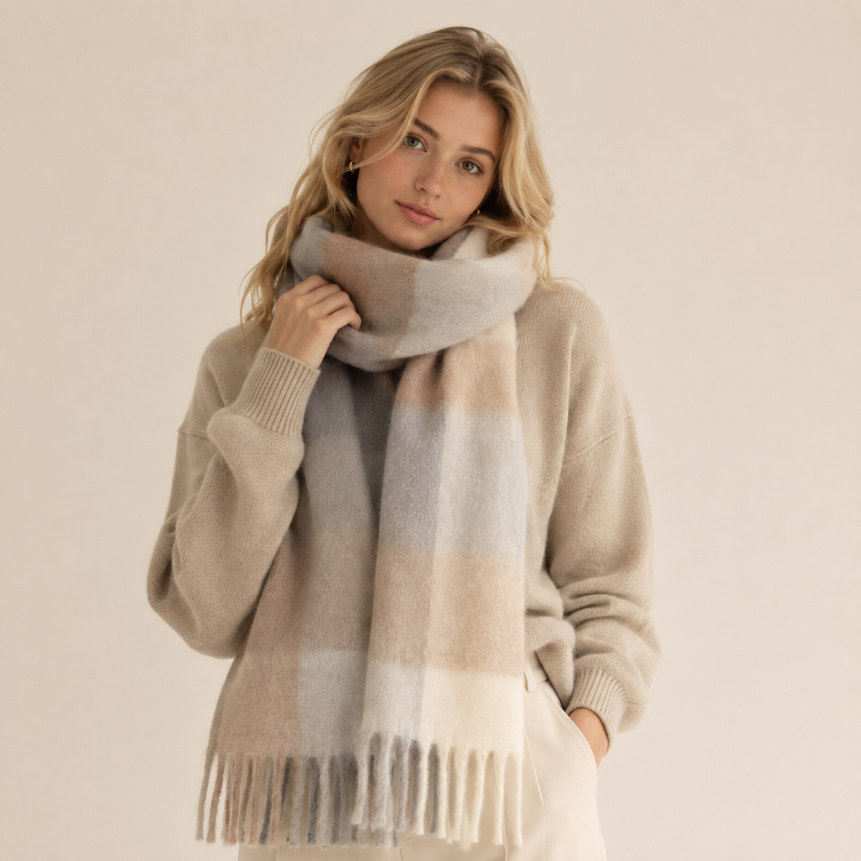 Sciarpe invernali Simple Series Sweet Plaid con nappe, in misto lana e poliestere, colori assortiti. 2