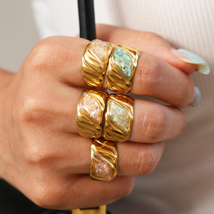 Simple Series Daily Irregular Shape Stainless Steel Waterproof Gold Color Shell Statement Rings h5 Picture3