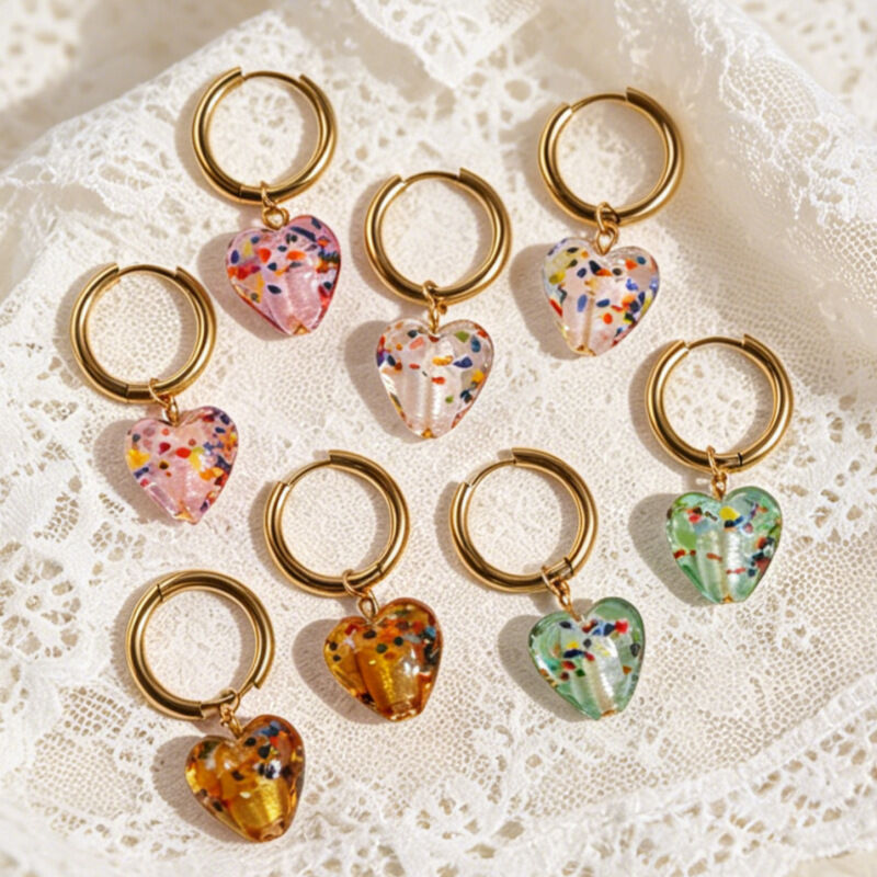Simple Series Cute Heart Circle Gradient Color Stainless Steel Waterproof   Gold Color  Women's Drop Earrings