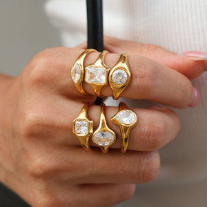 Simple Series Daily Irregular Shape Stainless Steel Waterproof Gold Color Zircon Statement Rings h5 Picture3
