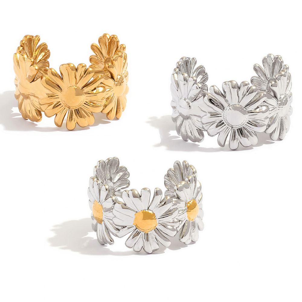 Simple Series Daily Flower Stainless Steel Waterproof   Gold Color  Statement Rings Picture4