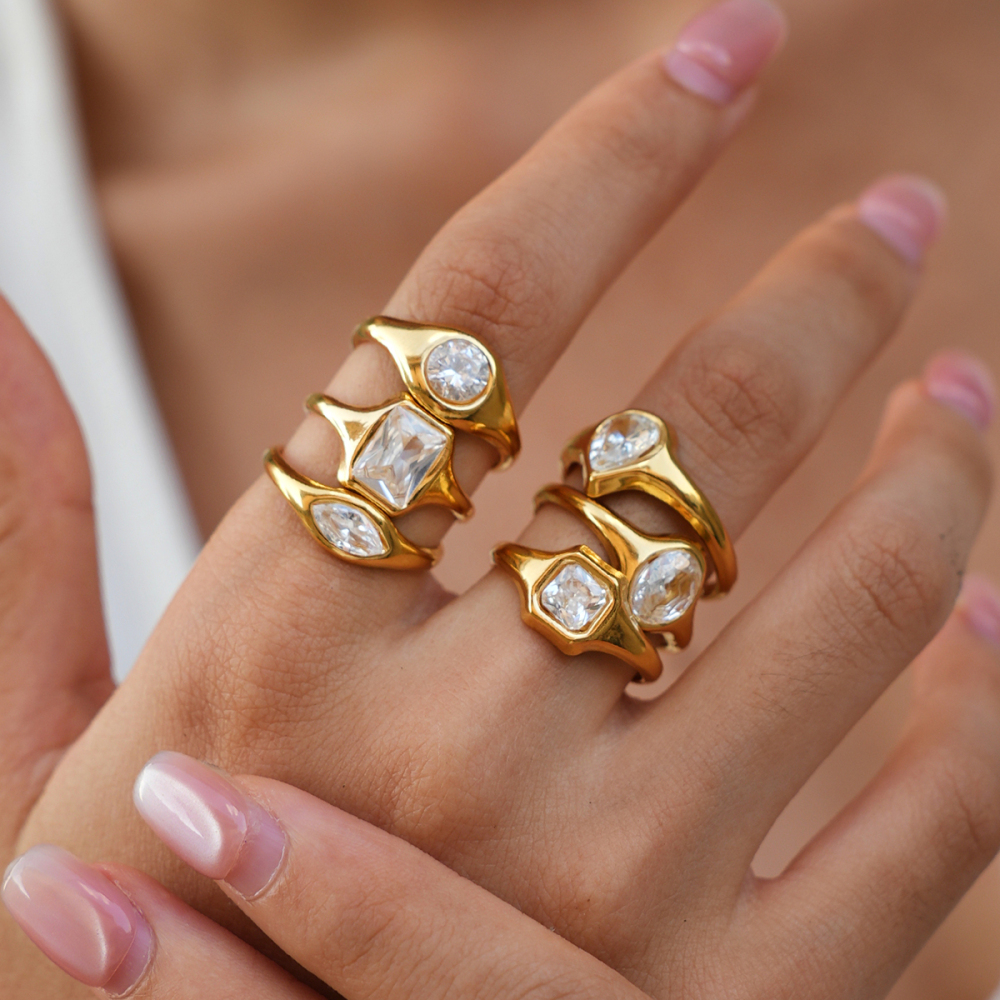 Simple Series Daily Irregular Shape Stainless Steel Waterproof Gold Color Zircon Statement Rings Picture6