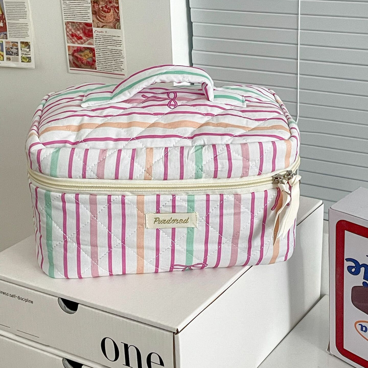 Neceser De Algodón Para Mujer Con Estampado De Rayas Y Lazo De Colores Variados. h5 