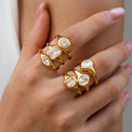 Simple Series Daily Irregular Shape Stainless Steel Waterproof Gold Color Zircon Statement Rings
