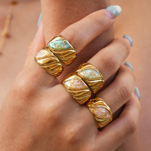 Simple Series Daily Irregular Shape Stainless Steel Waterproof Gold Color Shell Statement Rings h5 Picture2