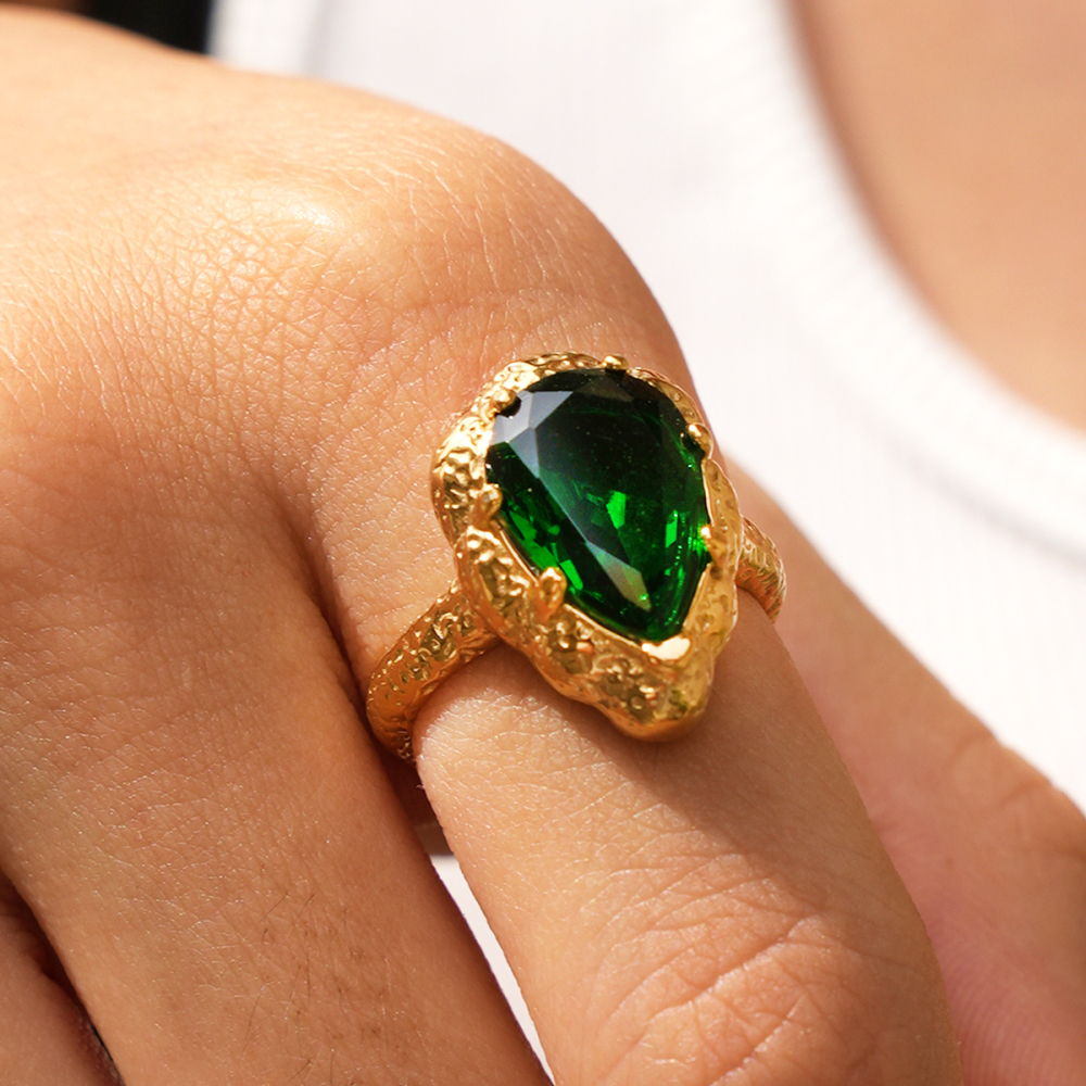 Simple Series Daily Droplet Stainless Steel Waterproof   Gold Color  Zircon Gemstone Rings Picture3