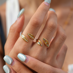 Simple Series Daily Leaf Stainless Steel Waterproof   Gold Color  Rhinestone Statement Rings h5 Picture6