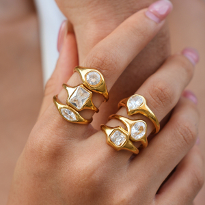 Simple Series Daily Irregular Shape Stainless Steel Waterproof Gold Color Zircon Statement Rings h5 Picture2