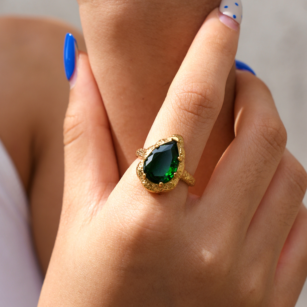 Simple Series Daily Droplet Stainless Steel Waterproof   Gold Color  Zircon Gemstone Rings Picture4