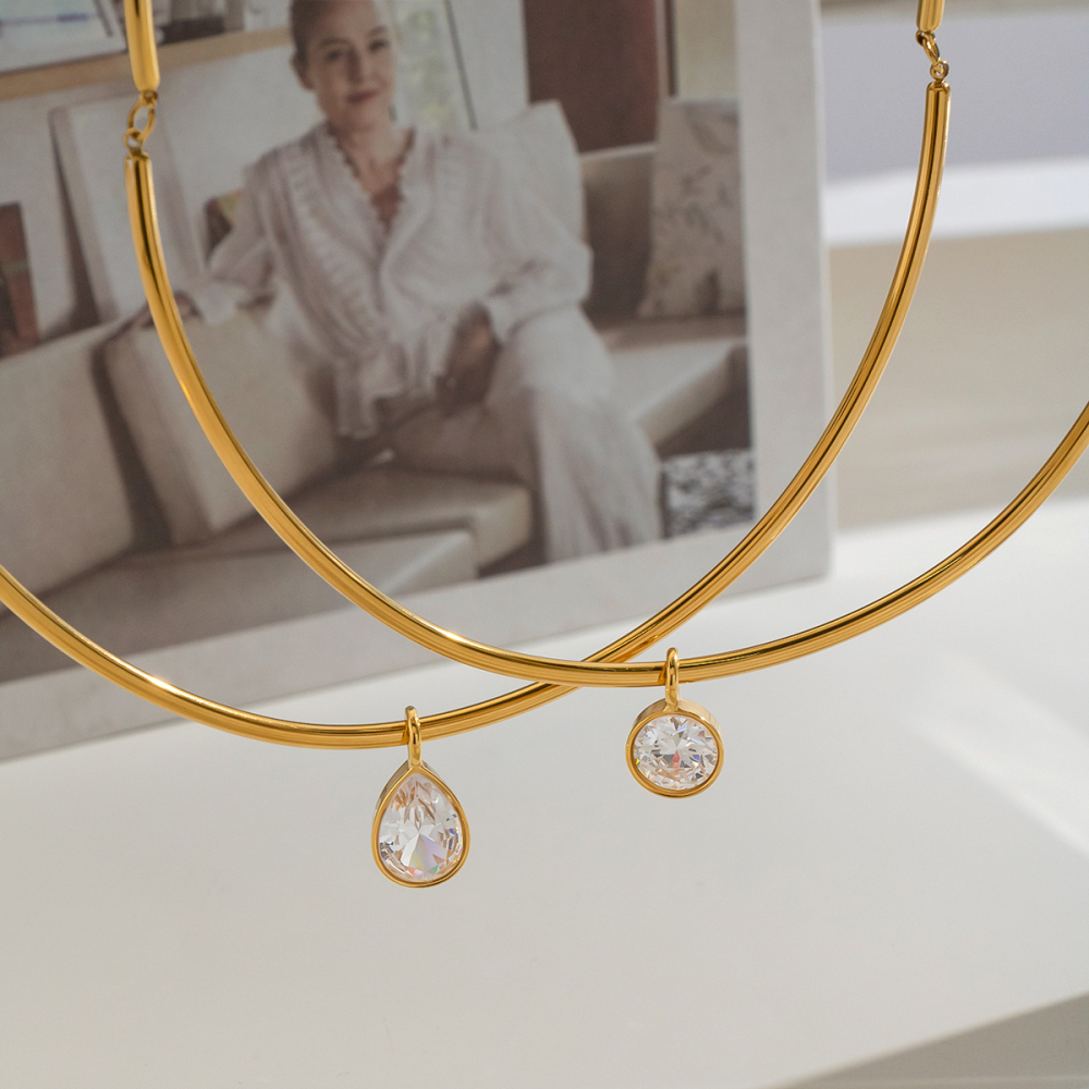 Geometric Shape Stainless Steel Waterproof Gold Color Zircon Women's Pendant Necklaces Picture2