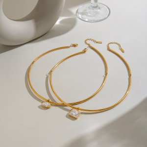 Geometric Shape Stainless Steel Waterproof Gold Color Zircon Women's Pendant Necklaces h5 Picture3