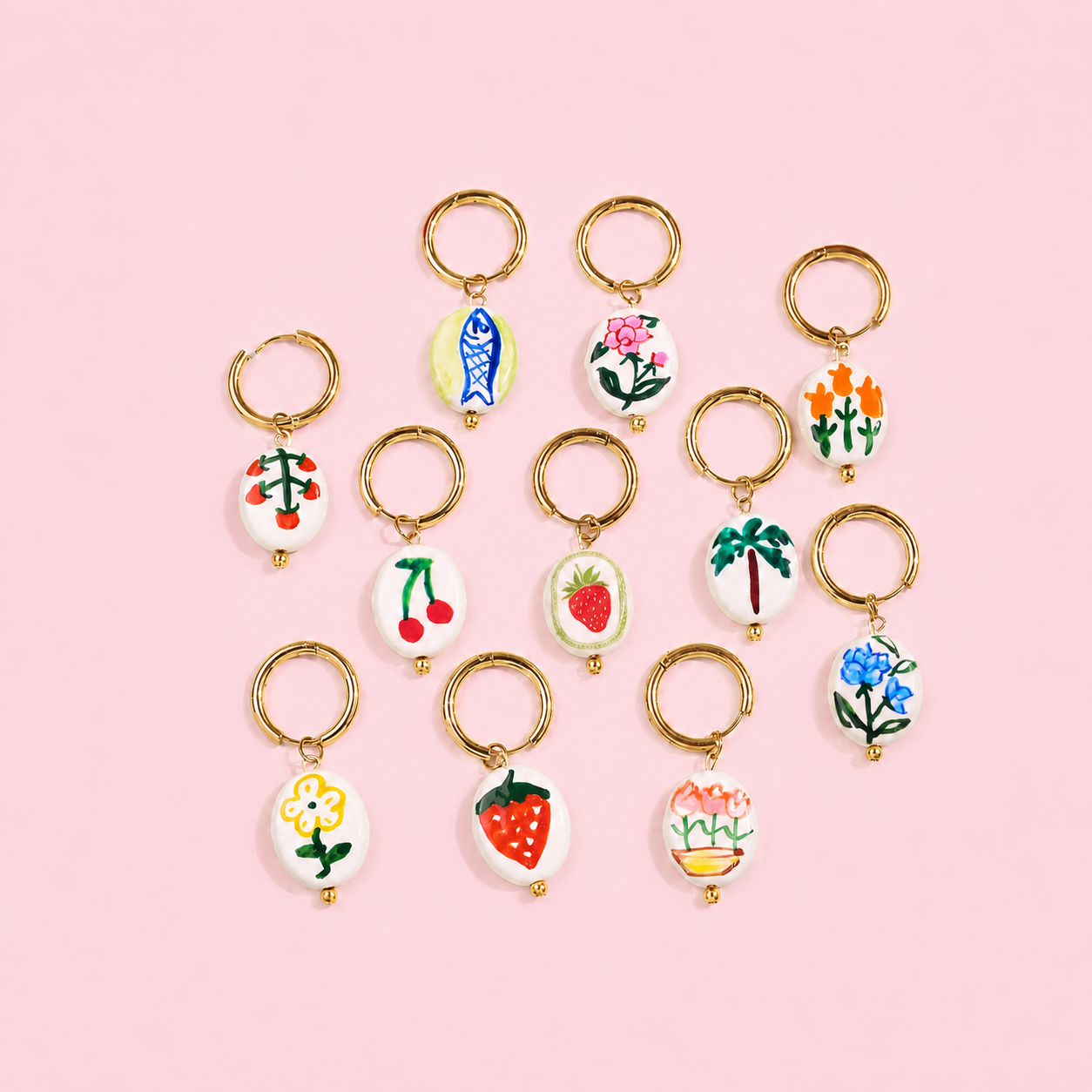 Romantic Series Cute Flower Strawberry Ellipse Shape Stainless Steel Waterproof   Gold Color  Women's Drop Earrings