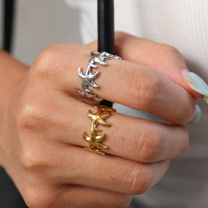 Simple Series Daily Starfish Stainless Steel Waterproof   Gold Color  Statement Rings h5 Picture2