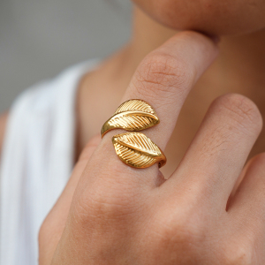 Simple Series Daily Leaf Stainless Steel Waterproof   Gold Color  Statement Rings h5 Picture4