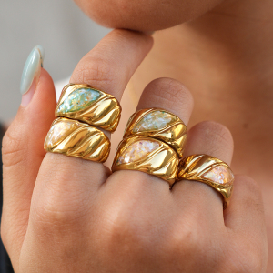 Simple Series Daily Irregular Shape Stainless Steel Waterproof Gold Color Shell Statement Rings h5 Picture5