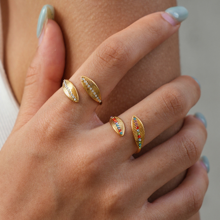 Simple Series Daily Leaf Stainless Steel Waterproof Gold Color Rhinestone Statement Rings