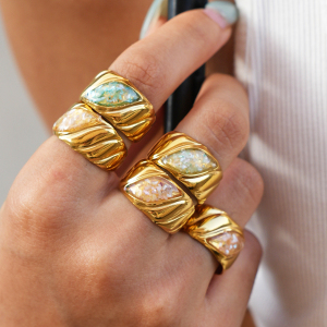 Simple Series Daily Irregular Shape Stainless Steel Waterproof Gold Color Shell Statement Rings h5 Picture4