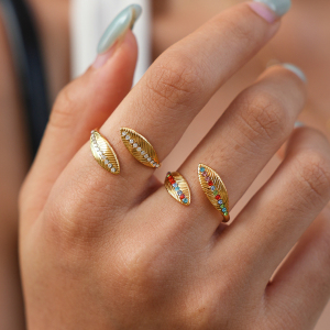 Simple Series Daily Leaf Stainless Steel Waterproof   Gold Color  Rhinestone Statement Rings h5 Picture4