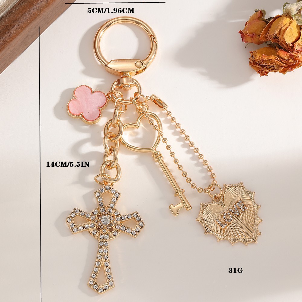 Luxurious Series Casual Letter Heart Cross Key Chain Clover Lock Alloy Rhinestone Keychain 