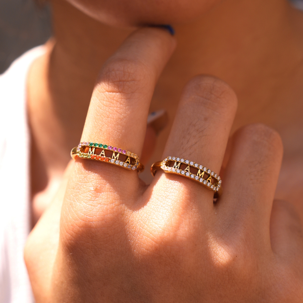 Simple Series Daily Letter Stainless Steel Waterproof Gold Color Rhinestone Statement Rings Picture3