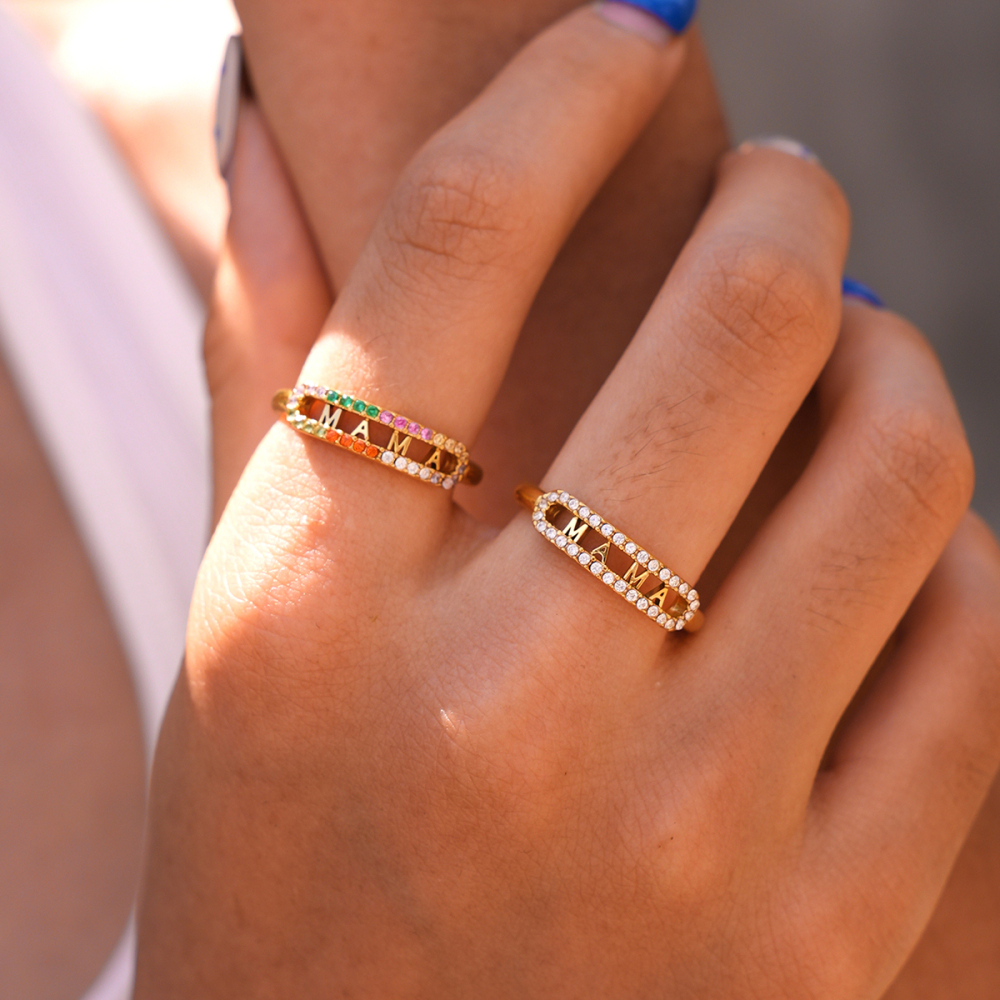 Simple Series Daily Letter Stainless Steel Waterproof Gold Color Rhinestone Statement Rings Picture5
