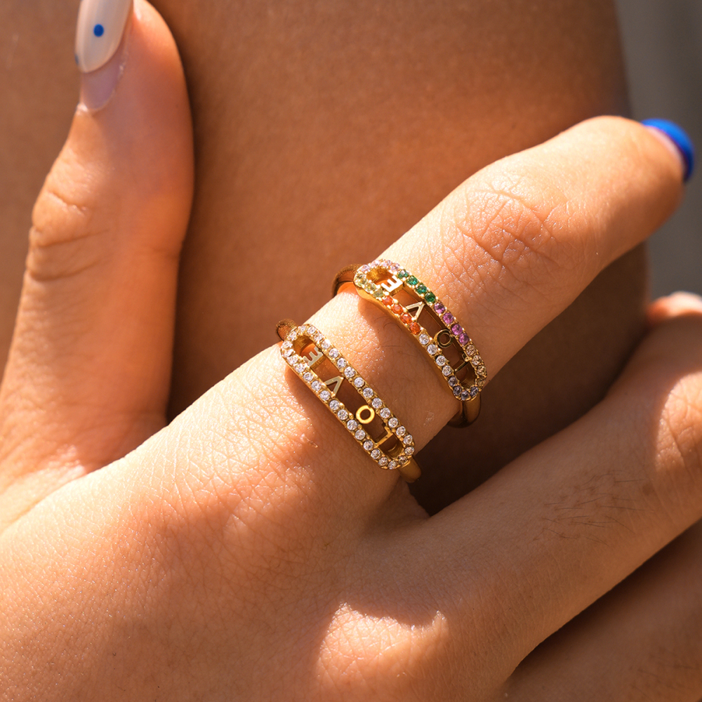 Simple Series Daily Letter Stainless Steel Waterproof Gold Color Rhinestone Statement Rings Picture2