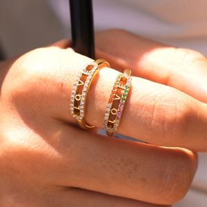 Simple Series Daily Letter Stainless Steel Waterproof Gold Color Rhinestone Statement Rings h5 Picture3