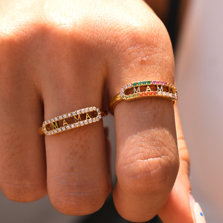 Simple Series Daily Letter Stainless Steel Waterproof Gold Color Rhinestone Statement Rings