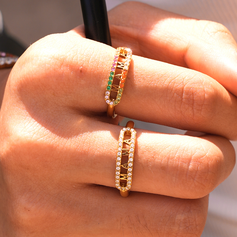 Simple Series Daily Letter Stainless Steel Waterproof Gold Color Rhinestone Statement Rings Picture2