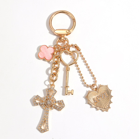 Luxurious Series Casual Letter Heart Cross Key Chain Clover Lock Alloy Rhinestone Keychain