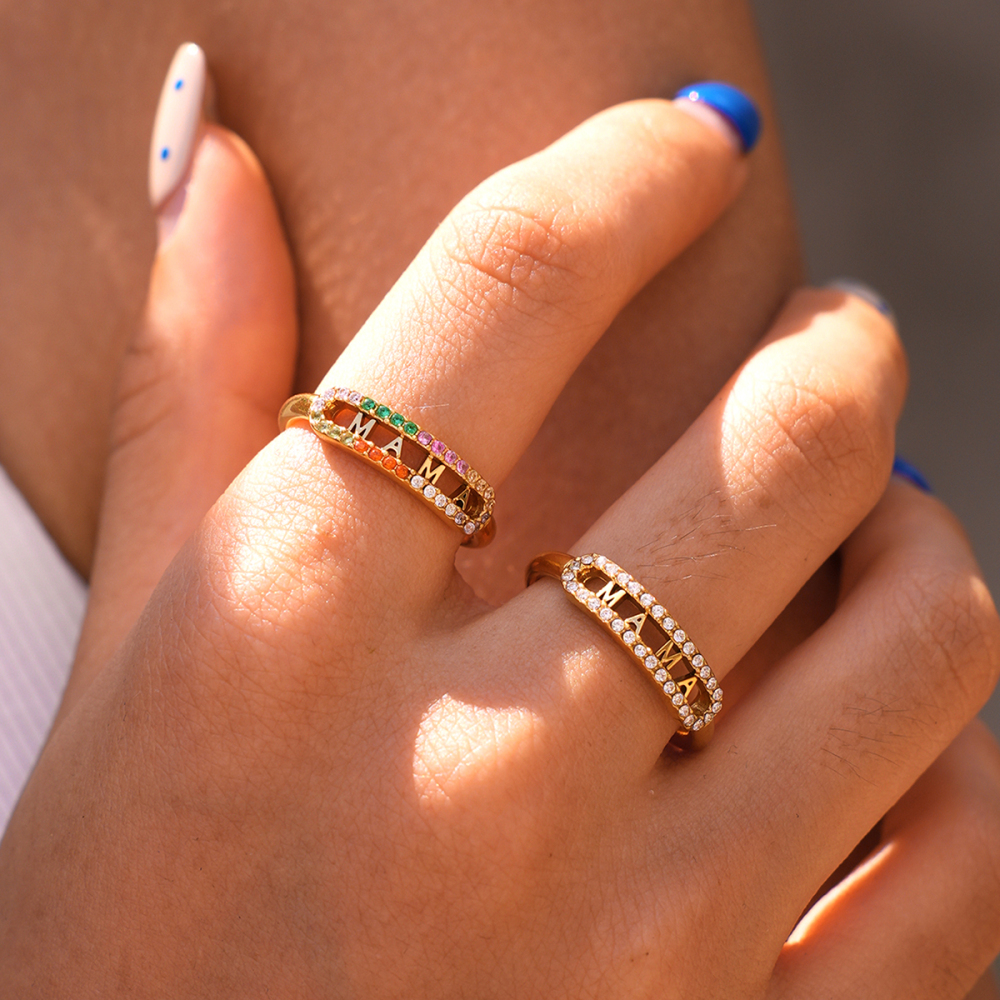 Simple Series Daily Letter Stainless Steel Waterproof Gold Color Rhinestone Statement Rings Picture4