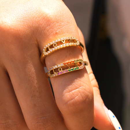 Simple Series Daily Letter Stainless Steel Waterproof Gold Color Rhinestone Statement Rings