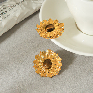 Retro Sun Shape Stainless Steel Waterproof Gold Color Natural Stone Zircon Women's Stud Earrings h5 Picture4