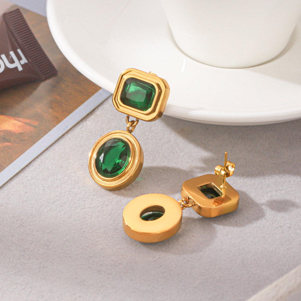 Rectangle Stainless Steel Waterproof Gold Color Zircon Women's Drop Earrings h5Picture4