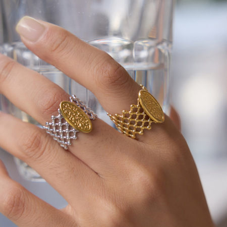 Grid Shape Stainless Steel Waterproof Gold Color Statement Rings