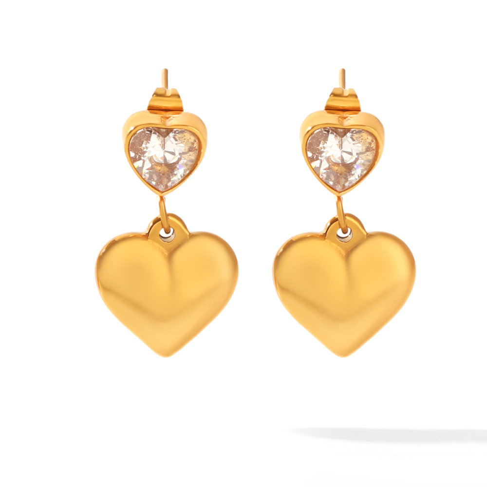 Heart Stainless Steel Waterproof Gold Color Zircon Women's Drop Earrings 
