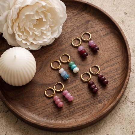 Simple Series Elegant Beads Circle Stainless Steel Waterproof   Gold Color  Natural Stone Women's Hoop Earrings