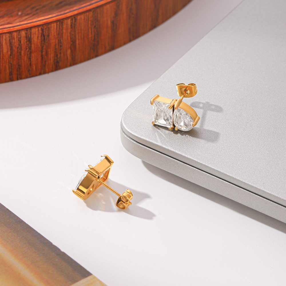 Droplet Rectangle Stainless Steel Waterproof Gold Color Zircon Women's Stud Earrings h5Picture4