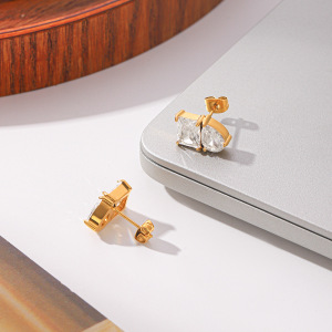 Droplet Rectangle Stainless Steel Waterproof Gold Color Zircon Women's Stud Earrings h5 Picture4
