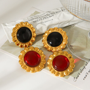 Pendientes Sencillos De Mujer Con Diseño Floral Circular, De Acero Inoxidable, Resistentes Al Agua, Color Dorado Y Piedra Natural. h5 Imagen5