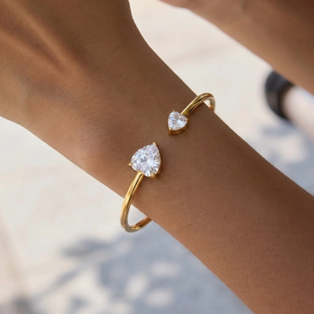 Heart Shape Zircon Stainless Steel Waterproof Gold Color Women's Cuff Bracelet