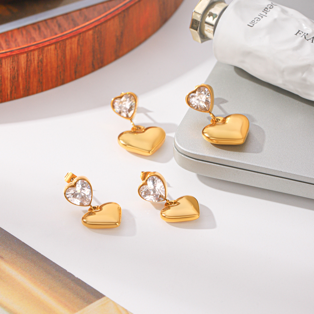 Heart Stainless Steel Waterproof Gold Color Zircon Women's Drop Earrings Picture4
