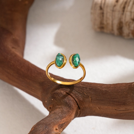 Stainless Steel Waterproof Gold Color Natural Stone Women's Gemstone Rings