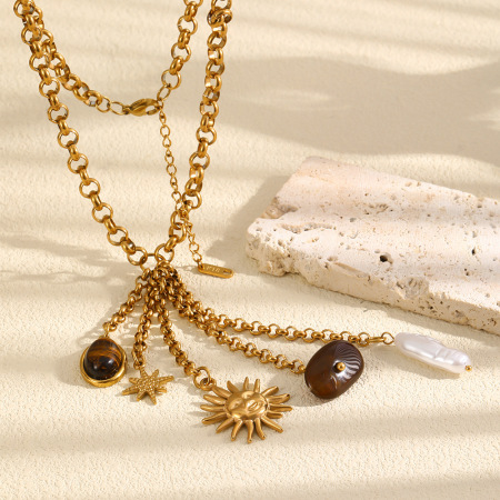 Luxurious Series Retro Sun Tassel Stainless Steel Waterproof   Gold Color  Women's Pendant Necklaces