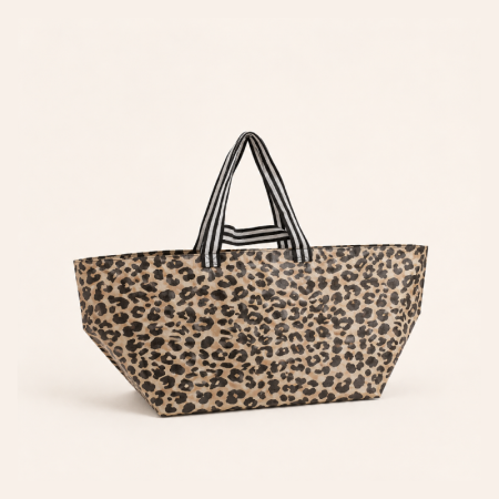 Bolsas de compras tejidas de PP de estilo casual, color liso, con estampado de leopardo y diseño de plantas. 2